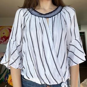 White flowy shirt with navy blue stripes